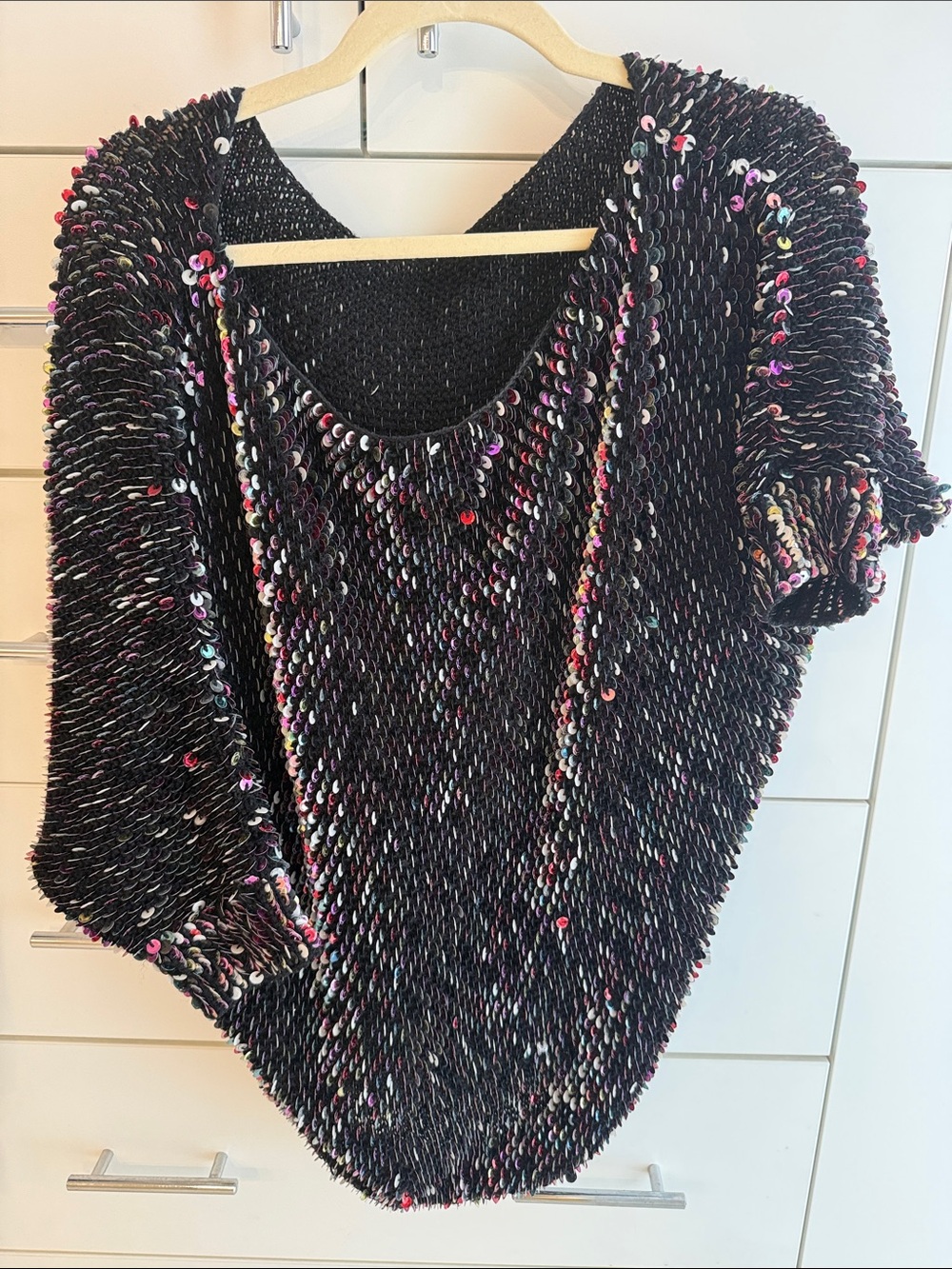 Black Multicolor Sequin Scoop Neck Sweater Handmade Size L